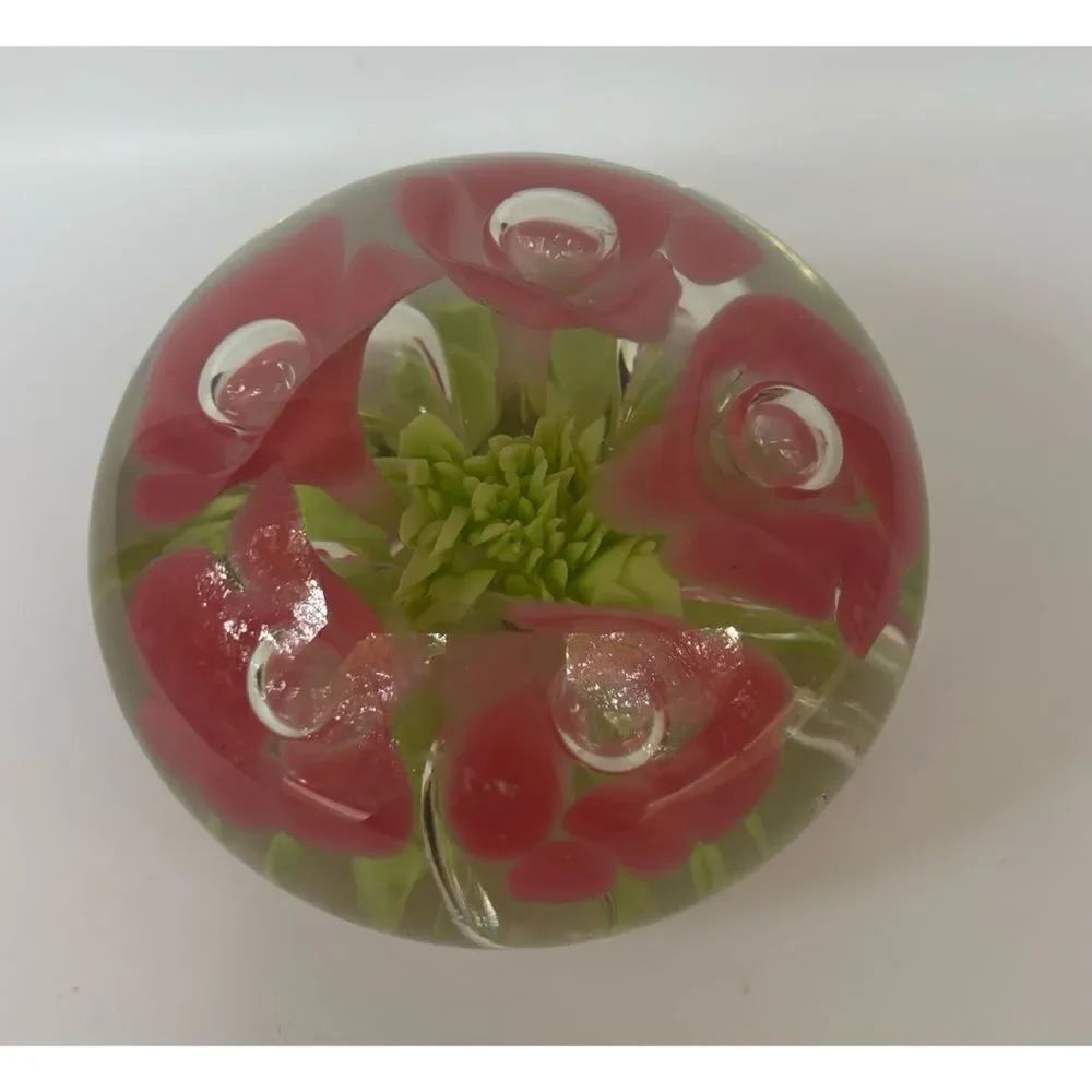 Vintage Art Glass Round  PAPERWEIGHT Pink Flower/Green Leaf